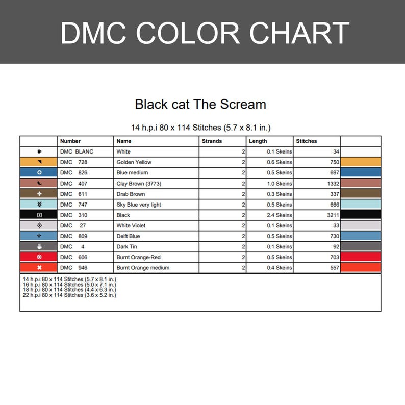 K&ouml;nnte beinhalten: Eine DMC-Farbkarte f&uuml;r ein Kreuzstichmuster mit dem Titel Black cat The Scream. Die Tabelle listet Garnnummern, Namen, Stranganzahl, L&auml;ngen in Str&auml;ngen und Stichanzahl f&uuml;r Farben wie Wei&szlig;, Gelb, Blau, Braun, Schwarz und Rot auf.