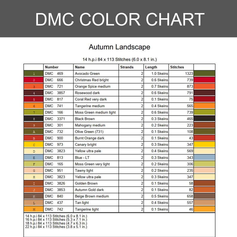 Puede incluir: Una carta de colores DMC titulada Autumn Landscape, que presenta una tabla con columnas para n&uacute;mero, nombre, hebras, longitud en madejas y puntadas. La tabla enumera 19 colores de hilo con c&oacute;digos y medidas para un dise&ntilde;o de 15,2 x 20,6 cm.