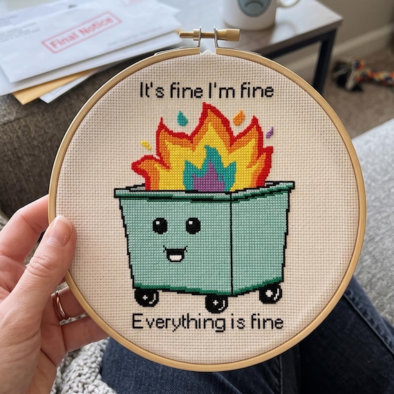 Dumpster Fire Cross Stitch Pattern, Funny Quote Needlepoint, Stress Relief Art (Digital PDF Download)