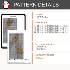 May include: A digital cross-stitch pattern titled Geese Peeking, featuring a grid design of two geese. The document lists 14 count Aida fabric, design sizes in inches for various counts, 4 DMC colors, 2 strands, and full stitches as the stitch type.