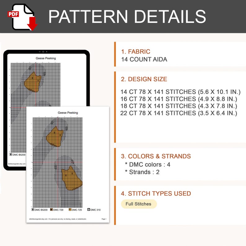 May include: A digital cross-stitch pattern titled Geese Peeking, featuring a grid design of two geese. The document lists 14 count Aida fabric, design sizes in inches for various counts, 4 DMC colors, 2 strands, and full stitches as the stitch type.