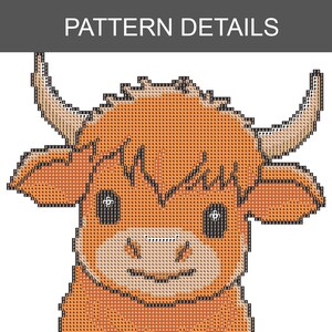 May include: A cross-stitch pattern featuring a Highland cow with orange fur, large horns, and a smiling face. The text "PATTERN DETAILS" is displayed above the cow.