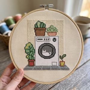 Cat Washing Machine Cross Stitch Pattern | Funny Laundry Room Needlepoint Chart (Digital Download)