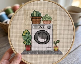 Cat in Washing Machine Cross Stitch Pattern | Funny Cat Houseplants Laundry Room Needlepoint Chart | Digital Download