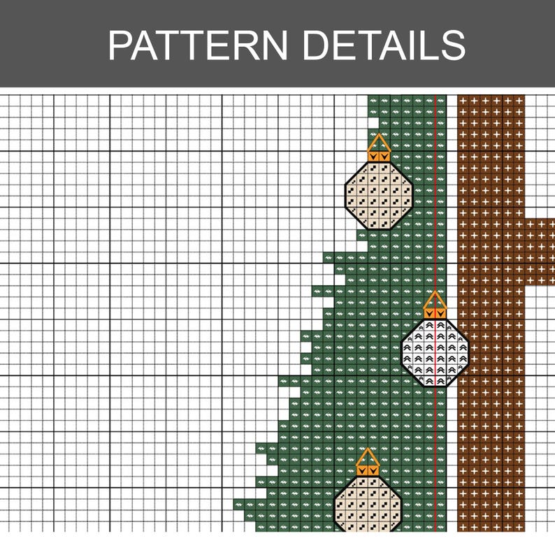 K&ouml;nnte beinhalten: Detail eines Kreuzstichmusters mit einem gr&uuml;nen Weihnachtsbaum, einem braunen Stamm und drei Ornamenten. Die Ornamente sind beige mit einem geometrischen Muster und goldenen Akzenten. Der Text "PATTERN DETAILS" steht oben.