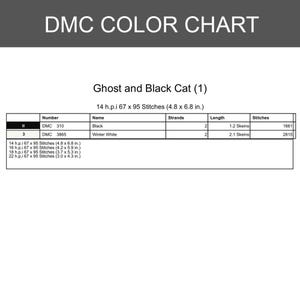K&ouml;nnte beinhalten: DMC-Farbtabelle f&uuml;r ein Kreuzstichprojekt mit dem Titel "Ghost and Black Cat (1)". Die Tabelle enth&auml;lt Farbcode, Namen, Fadenanzahl und Stichanzahl. Das Projekt misst 12,2 x 17,3 cm und hat 14 h.p.i. Die Tabelle listet auch andere Gr&ouml;&szlig;en auf.
