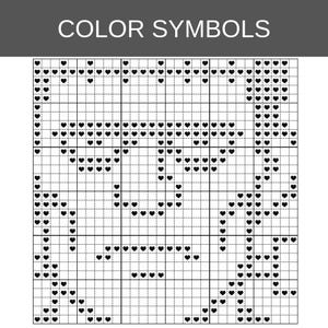 Puede incluir: Un patr&oacute;n de punto de cruz titulado COLOR SYMBOLS con un dise&ntilde;o de cuadr&iacute;cula. El dise&ntilde;o est&aacute; compuesto por peque&ntilde;os iconos de corazones negros dispuestos dentro de los cuadrados de la cuadr&iacute;cula para formar una imagen gr&aacute;fica sobre fondo blanco.
