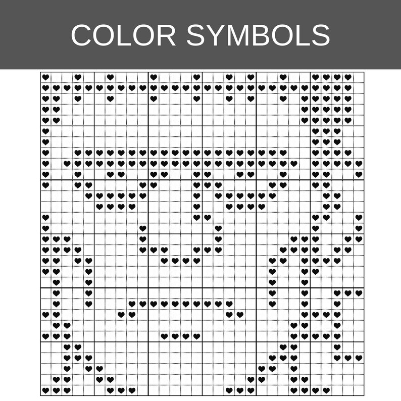 Puede incluir: Un patr&oacute;n de punto de cruz titulado COLOR SYMBOLS con un dise&ntilde;o de cuadr&iacute;cula. El dise&ntilde;o est&aacute; compuesto por peque&ntilde;os iconos de corazones negros dispuestos dentro de los cuadrados de la cuadr&iacute;cula para formar una imagen gr&aacute;fica sobre fondo blanco.