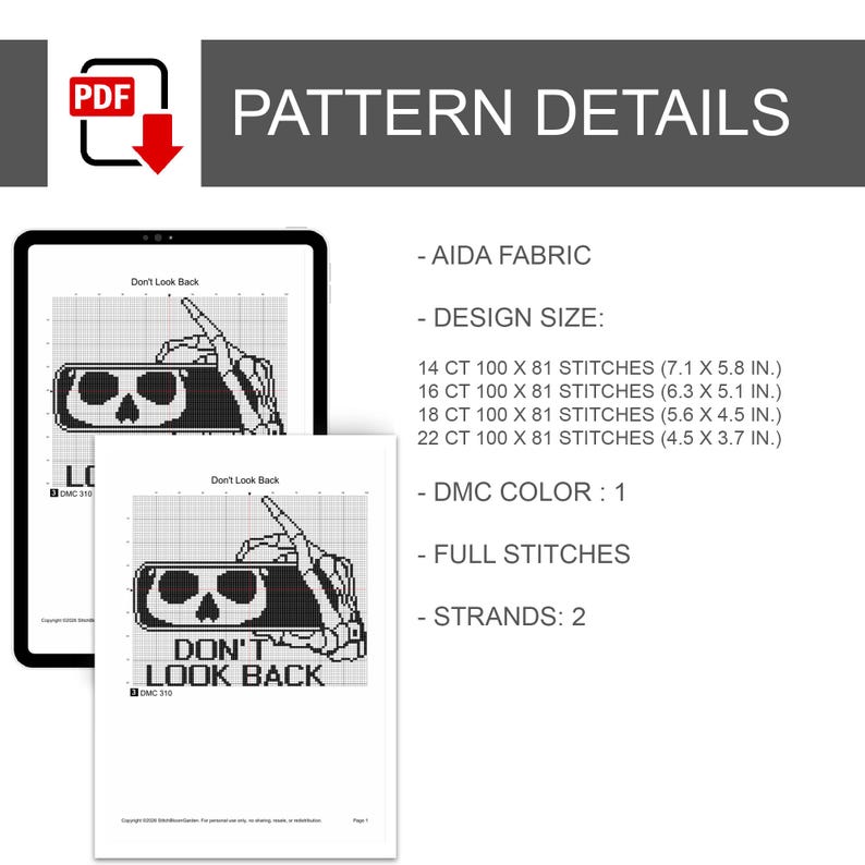 Skeleton Cross Stitch Pattern, Skull Don't Look Back Needlepoint, Instant Download image 3