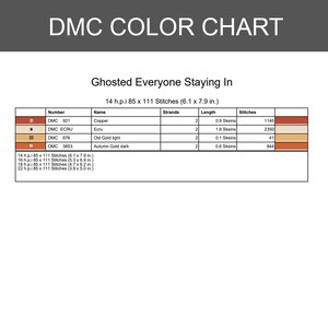 May include: A DMC color chart titled Ghosted Everyone Staying In, featuring a table with columns for number, name, strands, length, and stitches. It lists DMC 921 Copper, ECRU, 676 Old Gold light, and 3853 Autumn Gold dark with specific thread requirements.