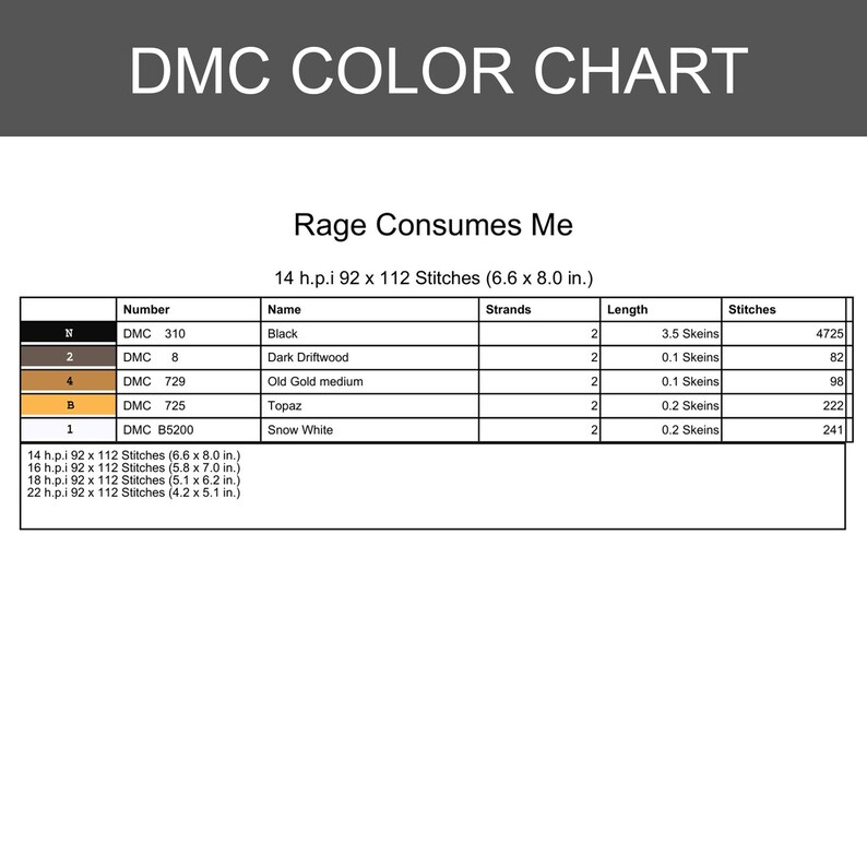 May include: A DMC colour chart titled "Rage Consumes Me" with a table listing thread colours, numbers, and stitch counts. The chart includes black, dark driftwood, old gold, topaz, and snow white. The chart is 16.8 x 20.3 cm.