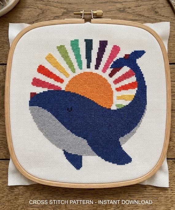 Blue Whale Cross Stitch Pattern, Ocean Animal Embroidery, Instant Download