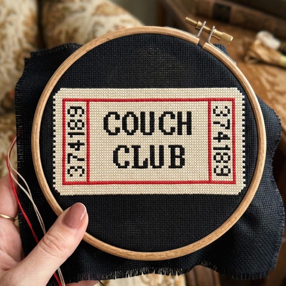 Couch Club Ticket Cross Stitch Pattern, Vintage Ticket Needlepoint , Instant Download
