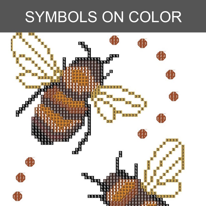 May include: A cross-stitch pattern featuring two bees composed of grid squares with alphanumeric symbols. The bees have black outlines, brown and orange bodies, and light yellow wings. Small brown octagons with the number 2 are scattered.