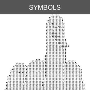 Peut inclure: Un diagramme de point de croix en noir et blanc avec le mot SYMBOLS en haut. Le motif pr&eacute;sente une grille de chiffres 2 et 3 formant la silhouette d'une main avec le majeur lev&eacute;. Le design utilise des symboles noirs sur un fond blanc.