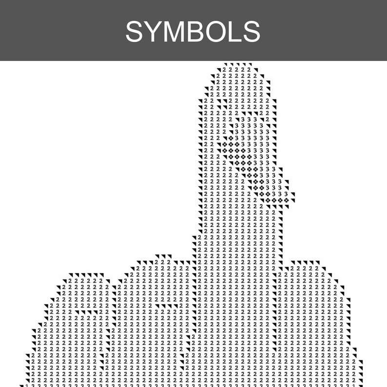 Peut inclure: Un diagramme de point de croix en noir et blanc avec le mot SYMBOLS en haut. Le motif pr&eacute;sente une grille de chiffres 2 et 3 formant la silhouette d'une main avec le majeur lev&eacute;. Le design utilise des symboles noirs sur un fond blanc.