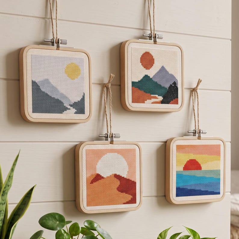 Peut inclure: Quatre broderies au point de croix carr&eacute;es dans des cadres en bois clair, chacune pr&eacute;sentant un paysage diff&eacute;rent incluant des montagnes, un d&eacute;sert et un coucher de soleil sur l'eau, suspendues par des boucles en ficelle.