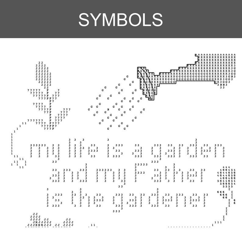 Op de afbeelding: Een zwart-wit kruissteekpatroon getiteld SYMBOLS met een gieter, een bloem en de tekst: my life is a garden and my father is the gardener. Het ontwerp gebruikt alfanumerieke tekens om de verschillende kleuren garen aan te duiden.
