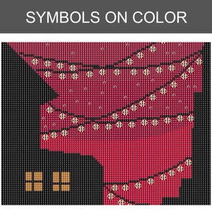 K&ouml;nnte beinhalten: Eine Diamond-Painting-Mustervorlage mit der Aufschrift SYMBOLS ON COLOR, bestehend aus einem Raster aus schwarzen, dunkelroten und hellroten Quadraten. Das Design zeigt geschwungene Linien aus kreisf&ouml;rmigen Symbolen mit der Zahl 7 und zwei beigefarbene.