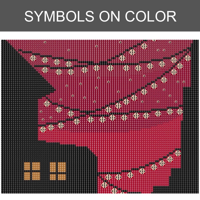K&ouml;nnte beinhalten: Eine Diamond-Painting-Mustervorlage mit der Aufschrift SYMBOLS ON COLOR, bestehend aus einem Raster aus schwarzen, dunkelroten und hellroten Quadraten. Das Design zeigt geschwungene Linien aus kreisf&ouml;rmigen Symbolen mit der Zahl 7 und zwei beigefarbene.