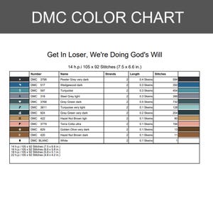 May include: A DMC color chart for a cross-stitch pattern titled Get In Loser, We're Doing God's Will. The table lists thread numbers, names, strand counts, lengths in skeins, and stitch counts for colors including pewter, turquoise, and brown.
