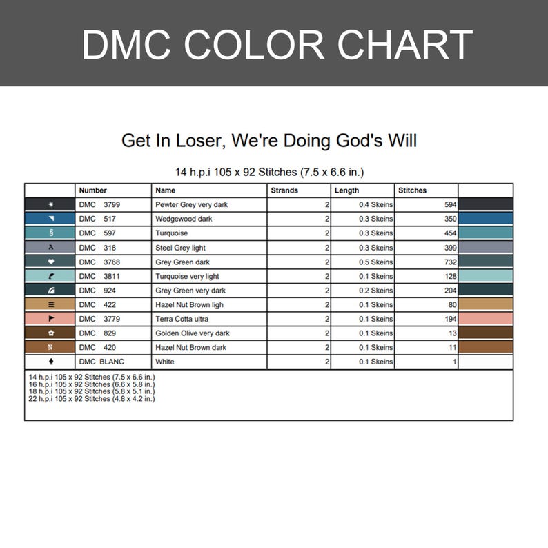 May include: A DMC color chart for a cross-stitch pattern titled Get In Loser, We're Doing God's Will. The table lists thread numbers, names, strand counts, lengths in skeins, and stitch counts for colors including pewter, turquoise, and brown.