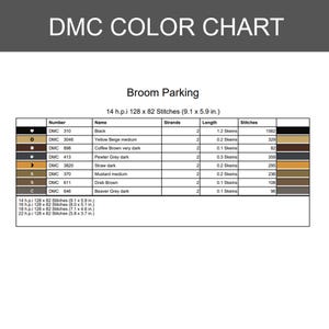 May include: A DMC colour chart for a cross-stitch pattern titled Broom Parking. The chart lists symbols, DMC thread numbers, colour names, strand counts, skein lengths, and stitch counts. It includes dimensions for 14, 16, 18, and 22 h.p.i. fabric.
