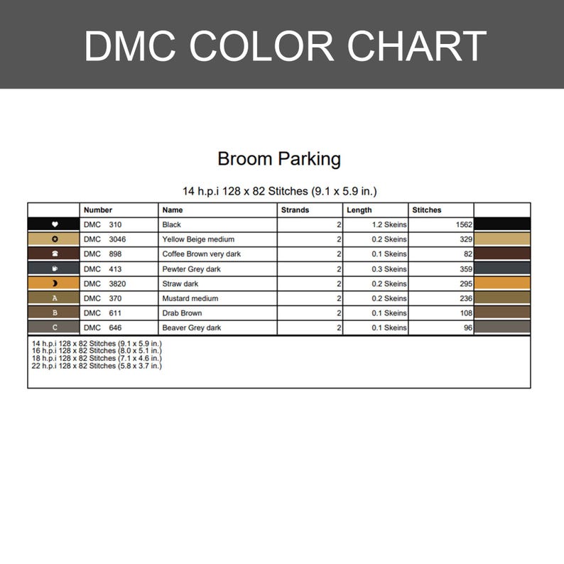 May include: A DMC colour chart for a cross-stitch pattern titled Broom Parking. The chart lists symbols, DMC thread numbers, colour names, strand counts, skein lengths, and stitch counts. It includes dimensions for 14, 16, 18, and 22 h.p.i. fabric.