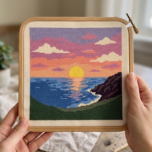 Vibrant Ocean Sunset Landscape Cross Stitch Pattern, Coastal Mountain Nature Needlepoint, PDF Digital Download