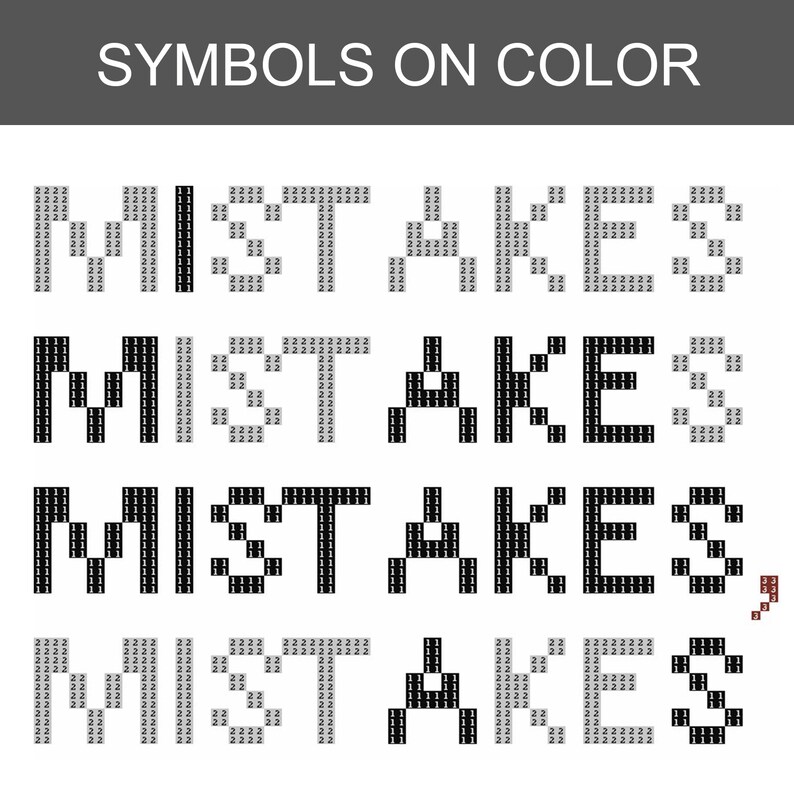 K&ouml;nnte beinhalten: Eine digitale Grafik mit der &Uuml;berschrift SYMBOLS ON COLOR zeigt das Wort MISTAKES in vier Zeilen. Jeder Buchstabe besteht aus einem Raster kleiner Quadrate mit den Zahlen 1, 2 oder 3, die bestimmten Farben f&uuml;r ein Bastelprojekt zugeordnet sind.