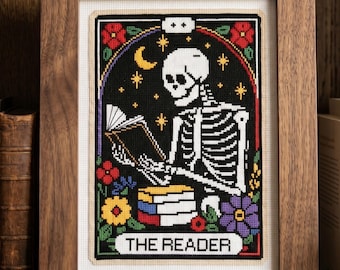 The Reader Tarot Card Cross Stitch Pattern PDF | Skeleton Reading Book | Instant Download
