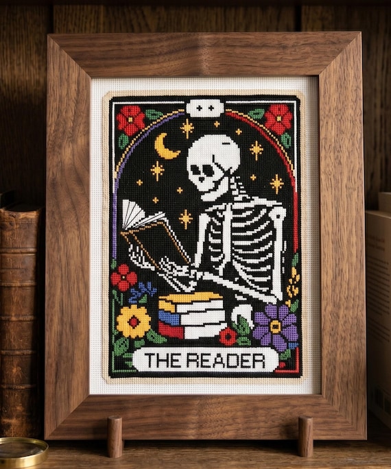 The Reader Tarot Card Cross Stitch Pattern PDF | Skeleton Reading Book | Instant Download
