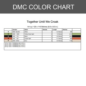 Pu&ograve; includere: Una tabella colori DMC intitolata Together Until We Croak, che elenca numeri di filo, nomi, numero di fili, lunghezze delle matassine e conteggio dei punti. Include una tabella con i colori bianco, verde giallo, nero, rame ed ecru.