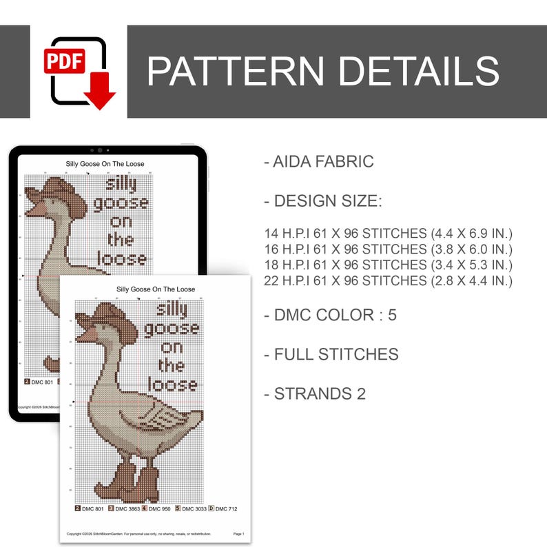 Op de afbeelding: Een digitaal kruissteekpatroon getiteld "Silly Goose On The Loose". Het ontwerp toont een cartoon gans met een cowboyhoed en laarzen. De patroondetails omvatten Aida-stof, ontwerpmaten in inches, DMC-kleur, volledige steken en strengen.
