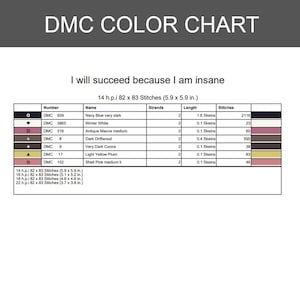 May include: A DMC color chart for cross-stitch featuring the text I will succeed because I am insane. The table lists thread numbers, names, strand counts, lengths in skeins, and stitch counts for colors including navy blue, white, mauve, and brown.