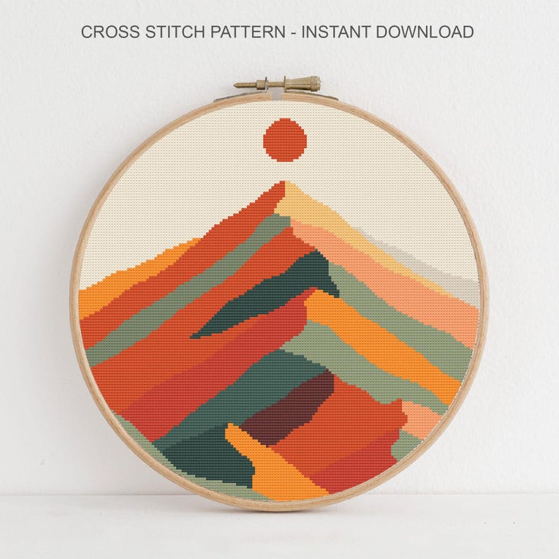 Modern Mountain Cross Stitch Pattern, Landscape Embroidery, Instant Download PDF image 7