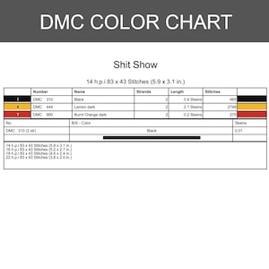 K&ouml;nnte beinhalten: Eine DMC-Farbkarte f&uuml;r ein Kreuzstichmuster mit dem Titel Shit Show. Die Tabelle listet DMC 310 Schwarz, 444 Zitronengelb dunkel und 900 Orange gebrannt dunkel mit Stranganzahl, Garnl&auml;ngen und Stichzahlen f&uuml;r 14 h.p.i. bei 15,0 x 7,9 cm.