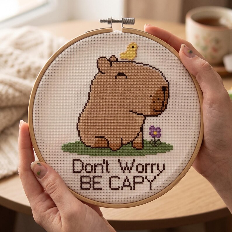 May include: A circular wooden embroidery hoop containing a cross-stitch design of a light brown capybara with a small yellow bird on its head, a purple flower on green grass, and the text Don't Worry BE CAPY in dark brown stitched lettering.