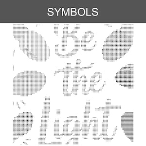Może przedstawiać: Czarno-biały wz&oacute;r do haftu krzyżykowego z nagł&oacute;wkiem SYMBOLS i napisem Be the light wykonanym kursywą. Projekt zawiera r&oacute;żne owalne i p&oacute;łowalne kształty wypełnione rozmaitymi symbolami, takimi jak linie, krzyżyki i serca.