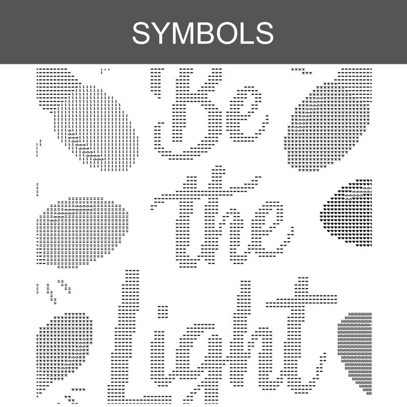 Może przedstawiać: Czarno-biały wz&oacute;r do haftu krzyżykowego z nagł&oacute;wkiem SYMBOLS i napisem Be the light wykonanym kursywą. Projekt zawiera r&oacute;żne owalne i p&oacute;łowalne kształty wypełnione rozmaitymi symbolami, takimi jak linie, krzyżyki i serca.