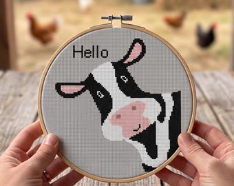 Peeking Cow Cross Stitch Pattern, Funny Farm Animal Embroidery PDF, Beginner Friendly