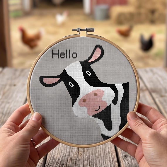 Peeking Cow Cross Stitch Pattern, Funny Farm Animal Embroidery PDF, Beginner Friendly