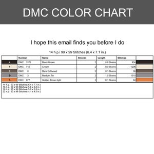 K&ouml;nnte beinhalten: Eine DMC-Farbkarte f&uuml;r ein Kreuzstichmuster mit dem Titel I hope this email finds you before I do. Die Tabelle enth&auml;lt Garnnummern, Namen, Stranganzahl, Strangl&auml;ngen und Stichzahlen f&uuml;r 14 h.p.i. 90 x 99 Stiche bei 16,3 x 18,0 cm.