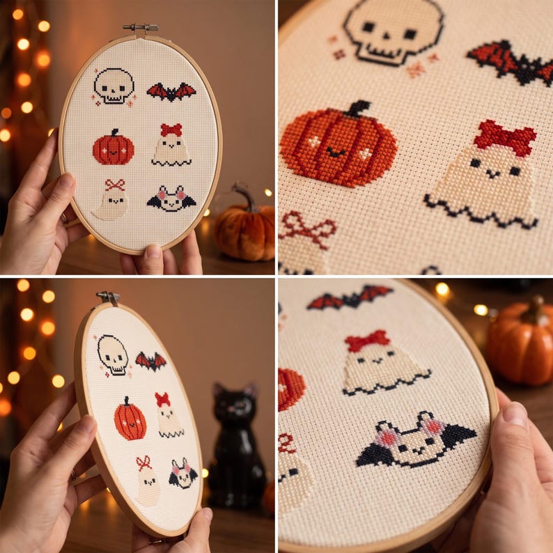 K&ouml;nnte beinhalten: Ein ovaler Holzstickrahmen mit einem Kreuzstichmuster auf wei&szlig;em Stoff. Das Design zeigt sechs kleine, verpixelte Halloween-Symbole: einen Totenkopf, eine Fledermaus, einen K&uuml;rbis, ein Gespenst mit roter Schleife, ein weiteres Gespenst und eine Fledermaus.