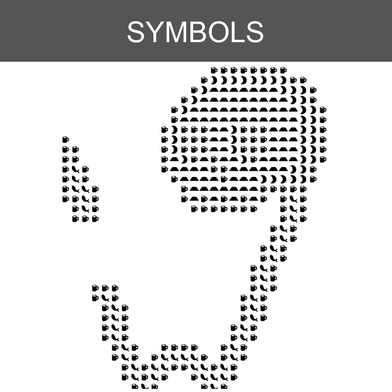 May include: A graphic design titled SYMBOLS featuring a large earbud shape constructed from a mosaic of small black mug and crescent moon icons on a white background. The composition uses these repeated symbols to form the outline of the device.