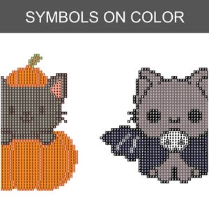 May include: A diamond painting pattern featuring two designs labeled SYMBOLS ON COLOR. The left design is a gray animal inside an orange pumpkin with numerical symbols. The right design is a gray animal with a white face and black details.