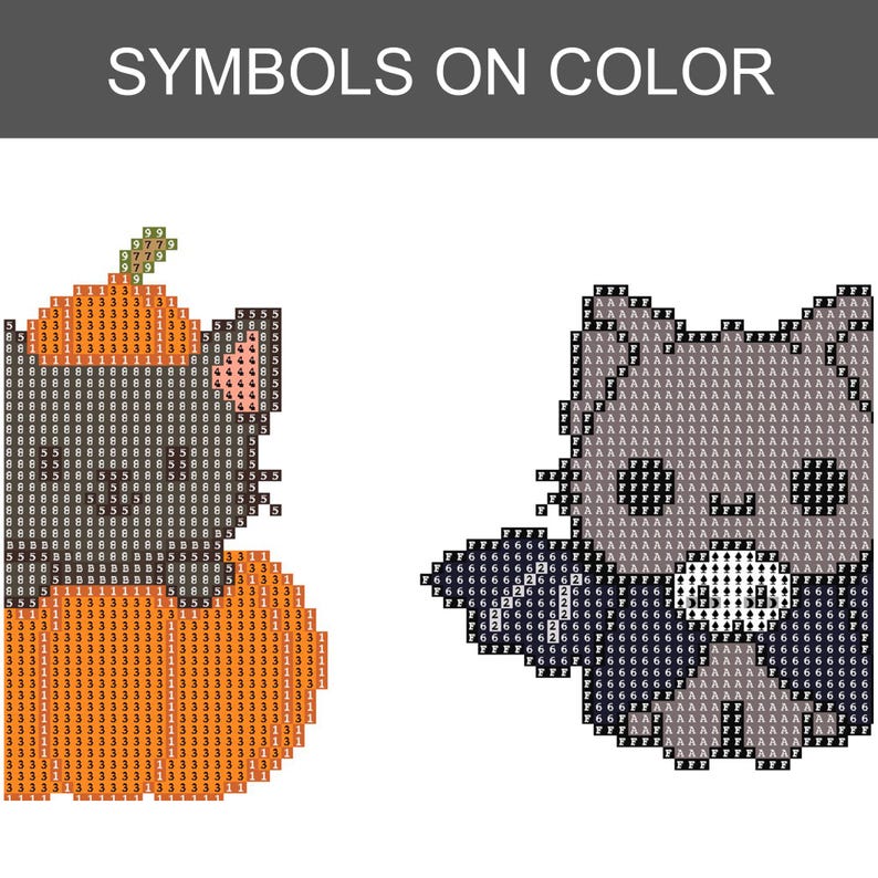 May include: A diamond painting pattern featuring two designs labeled SYMBOLS ON COLOR. The left design is a gray animal inside an orange pumpkin with numerical symbols. The right design is a gray animal with a white face and black details.