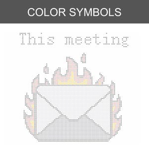 Pode incluir: Um padr&atilde;o de ponto cruz intitulado COLOR SYMBOLS com o texto This meeting acima de um envelope branco envolto em chamas. O design utiliza uma grade de pequenos s&iacute;mbolos para representar as cores, com o fogo em tons de amarelo e laranja.
