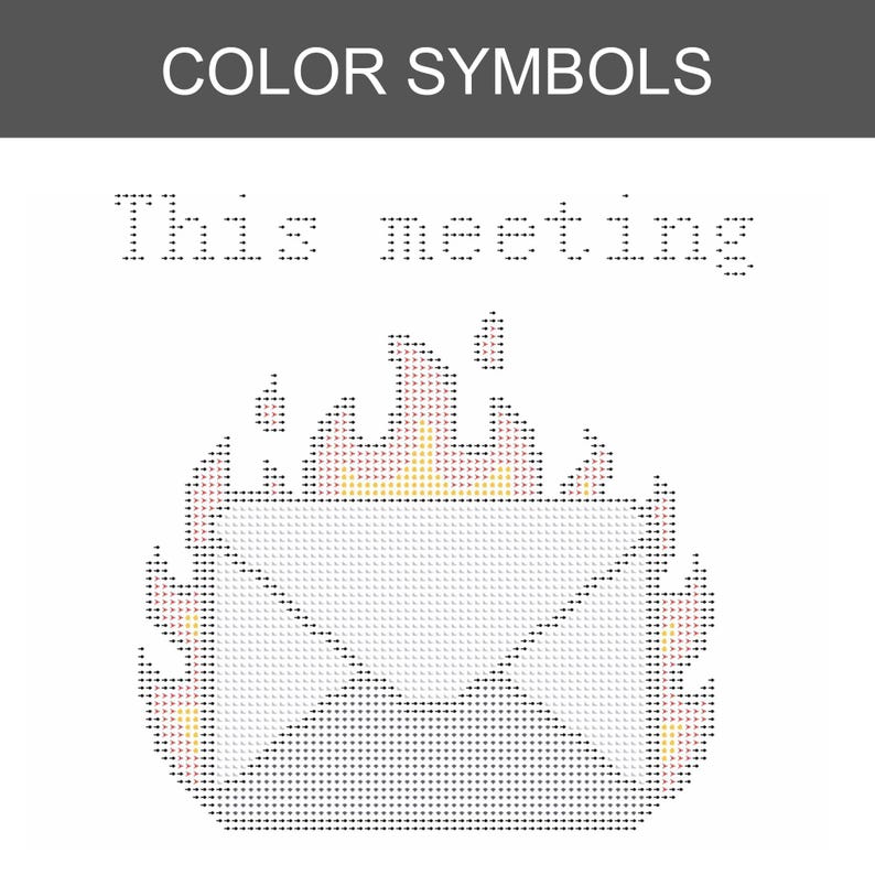 Pode incluir: Um padr&atilde;o de ponto cruz intitulado COLOR SYMBOLS com o texto This meeting acima de um envelope branco envolto em chamas. O design utiliza uma grade de pequenos s&iacute;mbolos para representar as cores, com o fogo em tons de amarelo e laranja.