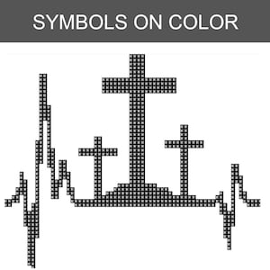 May include: A black and white cross-stitch pattern featuring three crosses atop a hill, integrated into a heartbeat EKG line. The design is composed of small squares marked with the letter N, with the text SYMBOLS ON COLOR at the top.
